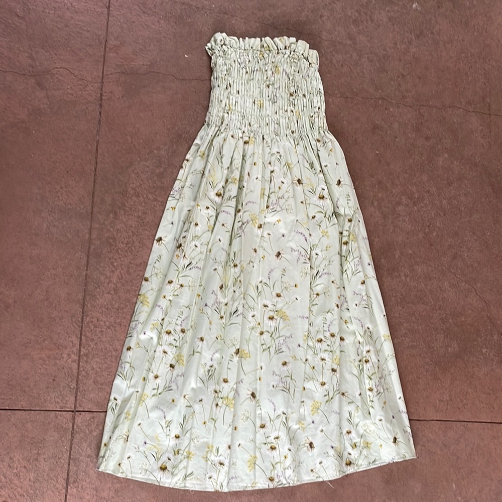 H&M Mint Green Floral Cotton Strapless Bandeau Stretchy Top Midi Dress